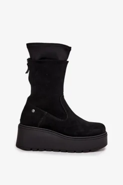 Damskie Skórzane Zamszowe Botki Na Masywnej Platformie Maciejka A7161-20 Czarne