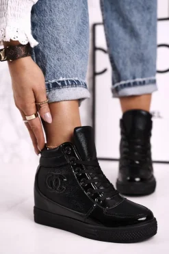 Damskie Sneakersy Botki Na Koturnie Czarne Carol