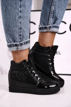 Damskie Sneakersy Botki Na Koturnie Czarne Carol