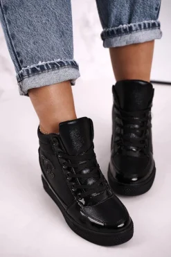 Damskie Sneakersy Botki Na Koturnie Czarne Carol
