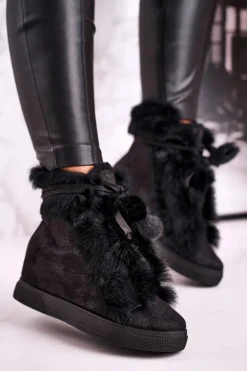Damskie Sneakersy Na Koturnie z Futerkiem Czarne Pretty