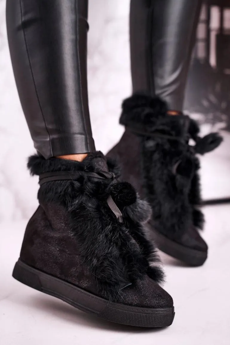 Damskie Sneakersy Na Koturnie z Futerkiem Czarne Pretty