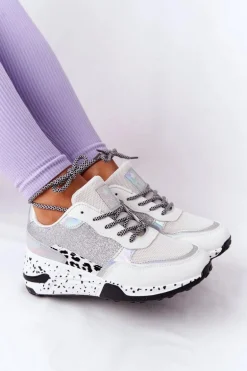 Damskie Sneakersy Na Koturnie Białe Z Brokatem Avery