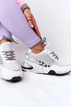 Damskie Sneakersy Na Koturnie Białe Z Brokatem Avery