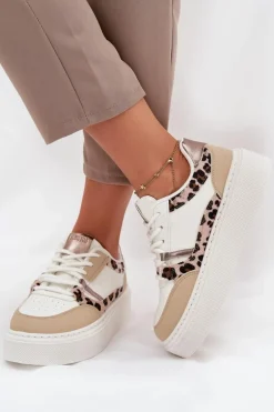 Damskie Sneakersy Na Platformie Big Star SS274357 Panterka Biało-Beżowe