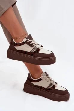 Damskie Sneakersy Na Platformie Big Star SS274356 Panterka Brązowo-Beżowe