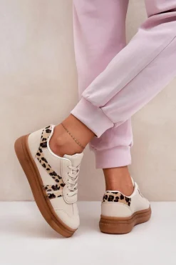 Damskie Sneakersy Na Platformie Panterka Beżowe Totter