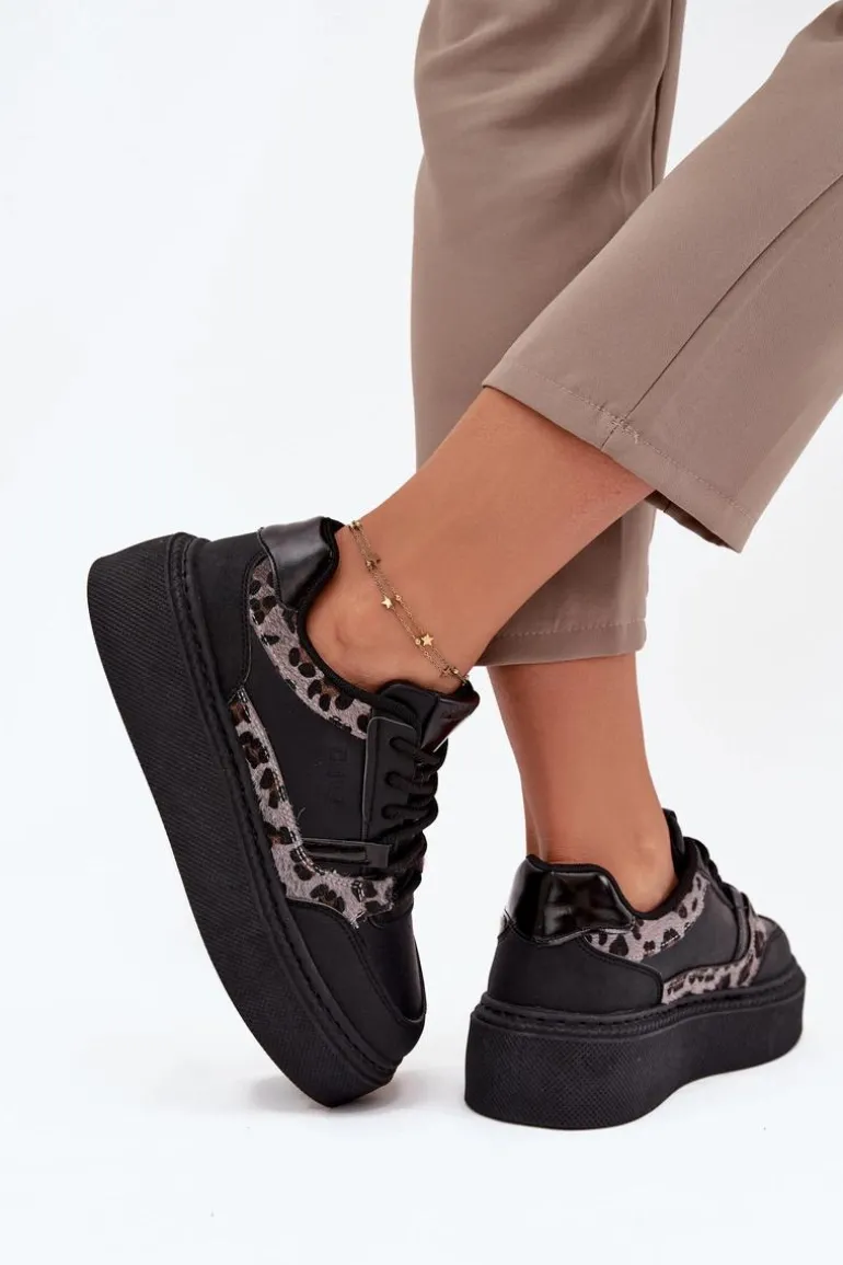 Damskie Sneakersy Na Platformie Big Star SS274358 Panterka Czarne