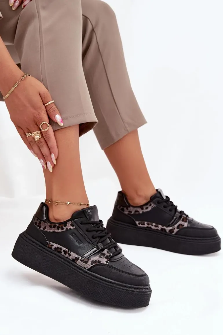 Damskie Sneakersy Na Platformie Big Star SS274358 Panterka Czarne