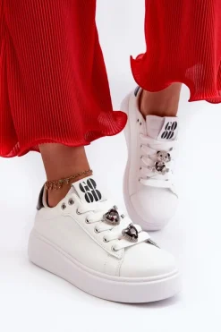 Damskie Sneakersy Na Platformie Z Przypinkami Sercami Białe Azamia