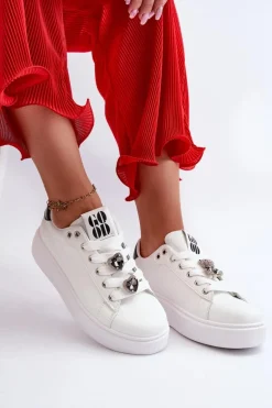 Damskie Sneakersy Na Platformie Z Przypinkami Sercami Białe Azamia