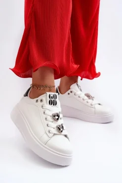 Damskie Sneakersy Na Platformie Z Przypinkami Sercami Białe Azamia
