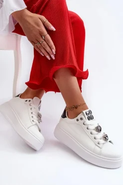 Damskie Sneakersy Na Platformie Z Przypinkami Sercami Białe Azamia