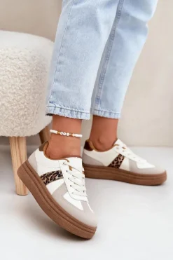 Damskie Sneakersy Na Platformie Panterka Beżowe Lincidi