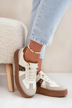Damskie Sneakersy Na Platformie Panterka Beżowe Lincidi