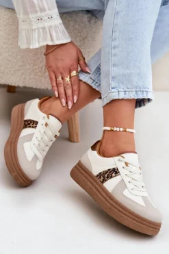 Damskie Sneakersy Na Platformie Panterka Beżowe Lincidi