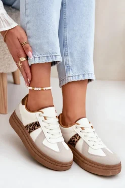 Damskie Sneakersy Na Platformie Panterka Beżowe Lincidi