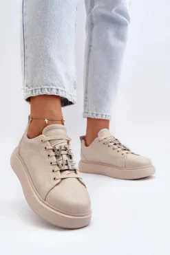 Damskie Sneakersy Skórzane Z Ozdobami Beżowe Dysuria