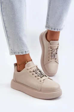 Damskie Sneakersy Skórzane Z Ozdobami Beżowe Dysuria