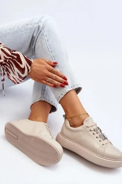 Damskie Sneakersy Skórzane Z Ozdobami Beżowe Dysuria
