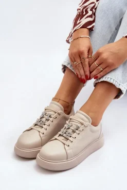 Damskie Sneakersy Skórzane Z Ozdobami Beżowe Dysuria