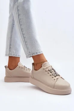 Damskie Sneakersy Skórzane Z Ozdobami Beżowe Dysuria