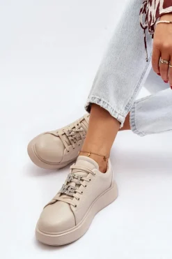 Damskie Sneakersy Skórzane Z Ozdobami Beżowe Dysuria
