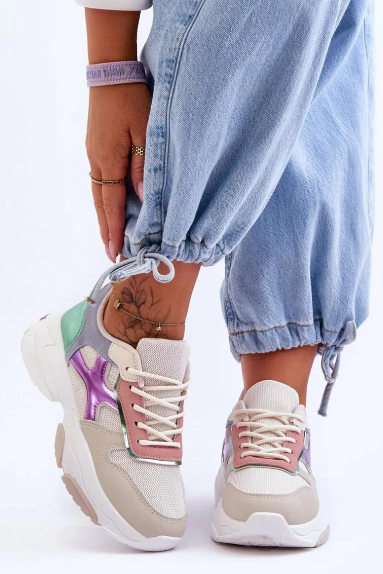 Damskie Sneakersy Sznurowane Beżowo-Zielone Cortes