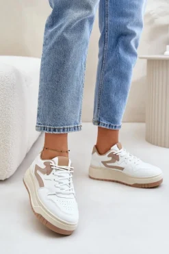 Damskie Sneakersy Z Eko Skóry Na Platformie Biało-Beżowe Henizore