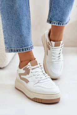 Damskie Sneakersy Z Eko Skóry Na Platformie Biało-Beżowe Henizore