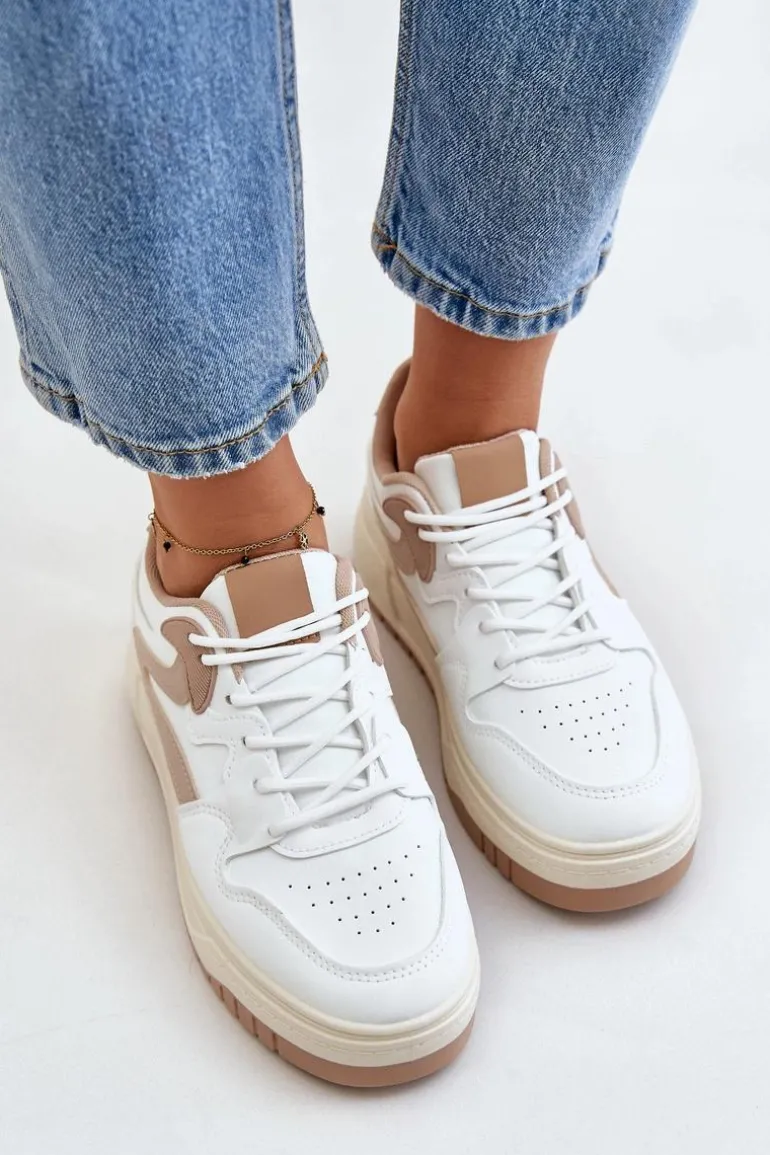 Damskie Sneakersy Z Eko Skóry Na Platformie Biało-Beżowe Henizore