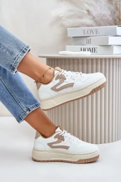 Damskie Sneakersy Z Eko Skóry Na Platformie Biało-Beżowe Henizore