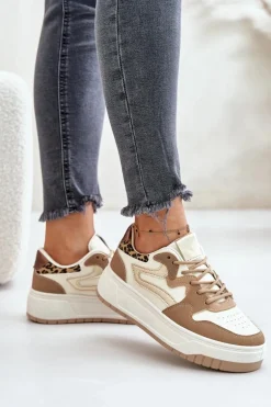 Damskie Sneakersy Z Eko Skóry Na Platformie Panterka Beżowe Henizore