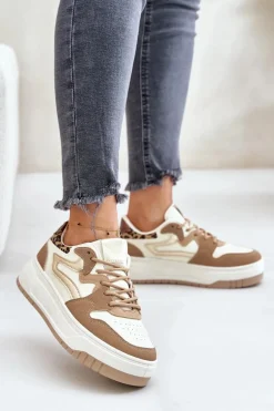 Damskie Sneakersy Z Eko Skóry Na Platformie Panterka Beżowe Henizore