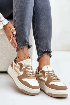 Damskie Sneakersy Z Eko Skóry Na Platformie Panterka Beżowe Henizore