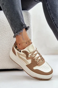 Damskie Sneakersy Z Eko Skóry Na Platformie Panterka Beżowe Henizore