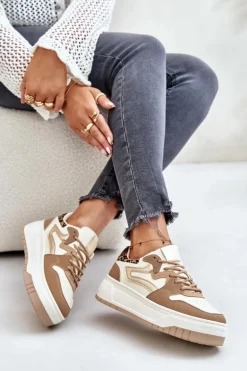 Damskie Sneakersy Z Eko Skóry Na Platformie Panterka Beżowe Henizore