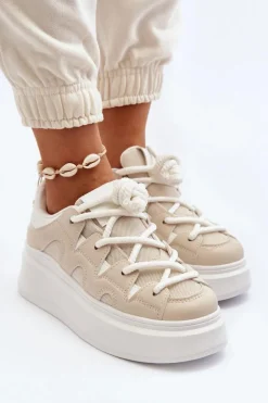 Damskie Sneakersy Z Grubym Sznurowaniem Beżowe Vinali