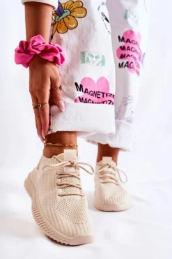 Damskie Sportowe Buty Sneakersy Materiałowe Jasnobeżowe Storia