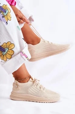 Damskie Sportowe Buty Sneakersy Materiałowe Jasnobeżowe Storia