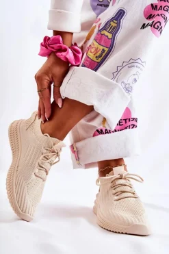 Damskie Sportowe Buty Sneakersy Materiałowe Jasnobeżowe Storia