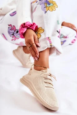 Damskie Sportowe Buty Sneakersy Materiałowe Jasnobeżowe Storia