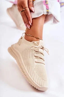 Damskie Sportowe Buty Sneakersy Materiałowe Jasnobeżowe Storia