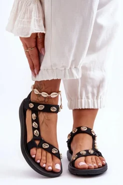 Damskie Sportowe Sandały Ozdobne Złote Muszle Czarne Conner