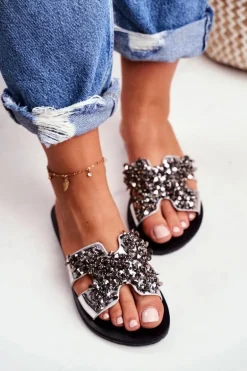 Damskie Srebrne Klapki Z Cyrkoniami Swallow