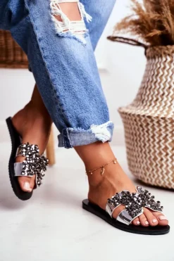 Damskie Srebrne Klapki Z Cyrkoniami Swallow