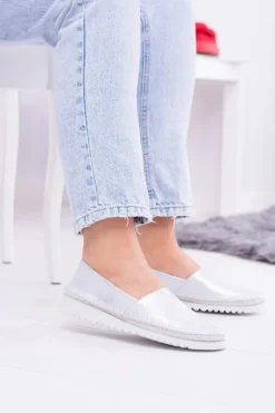 Damskie Srebrne Skórzane Slip On Frela