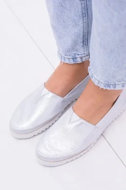 Damskie Srebrne Skórzane Slip On Frela