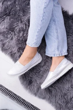 Damskie Srebrne Skórzane Slip On Frela