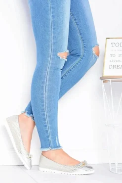 Damskie Srebrne Wsuwane Balerinki Z Kokardką Cleoss